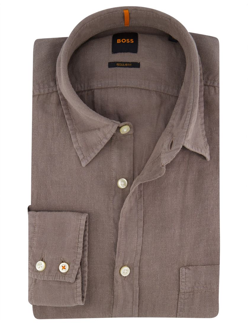 Hugo Boss Orange overhemd bruin lange mouw linnen