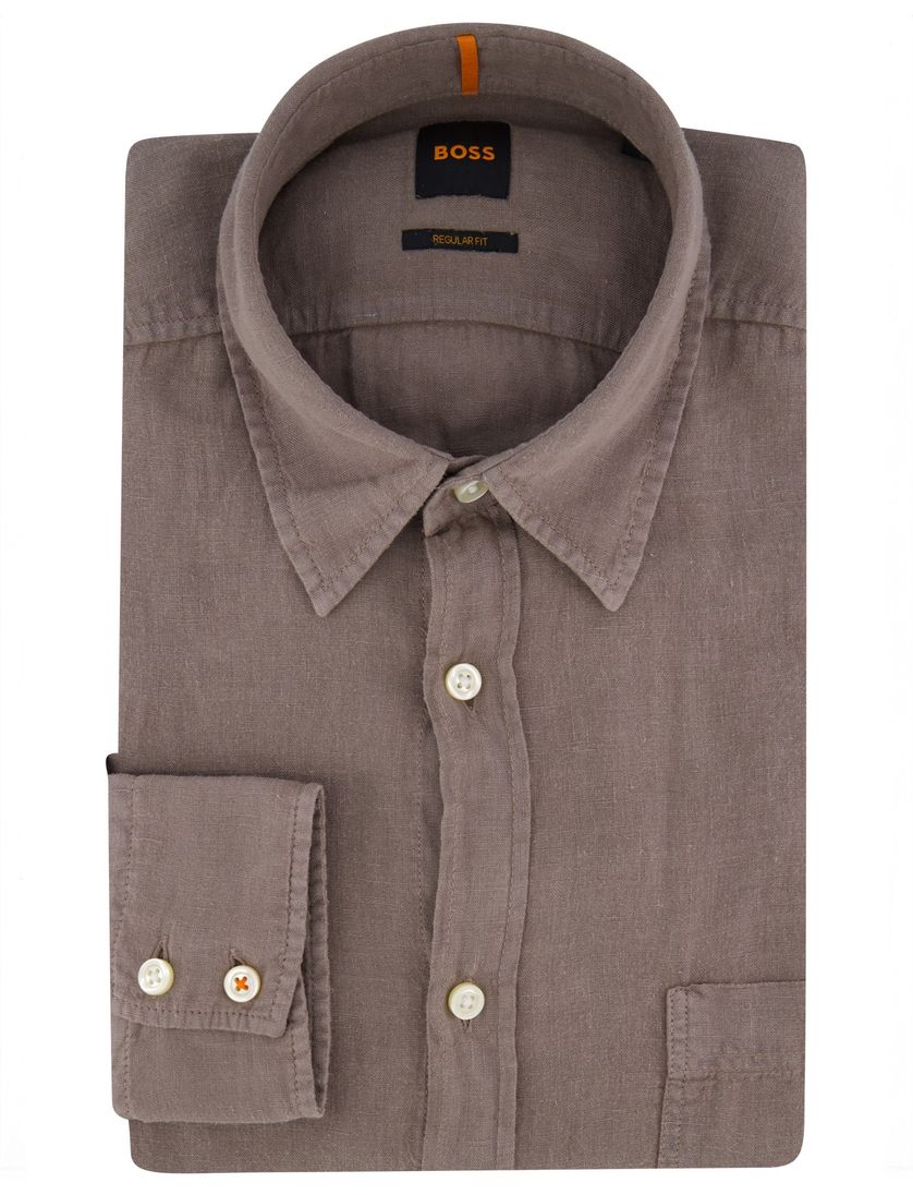Hugo Boss Orange overhemd bruin lange mouw linnen