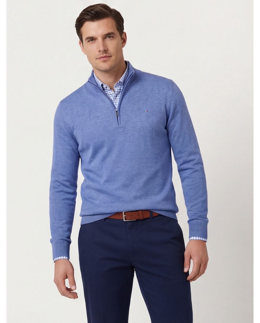 Portofino Hince regular fit half zip trui blauw met boord
