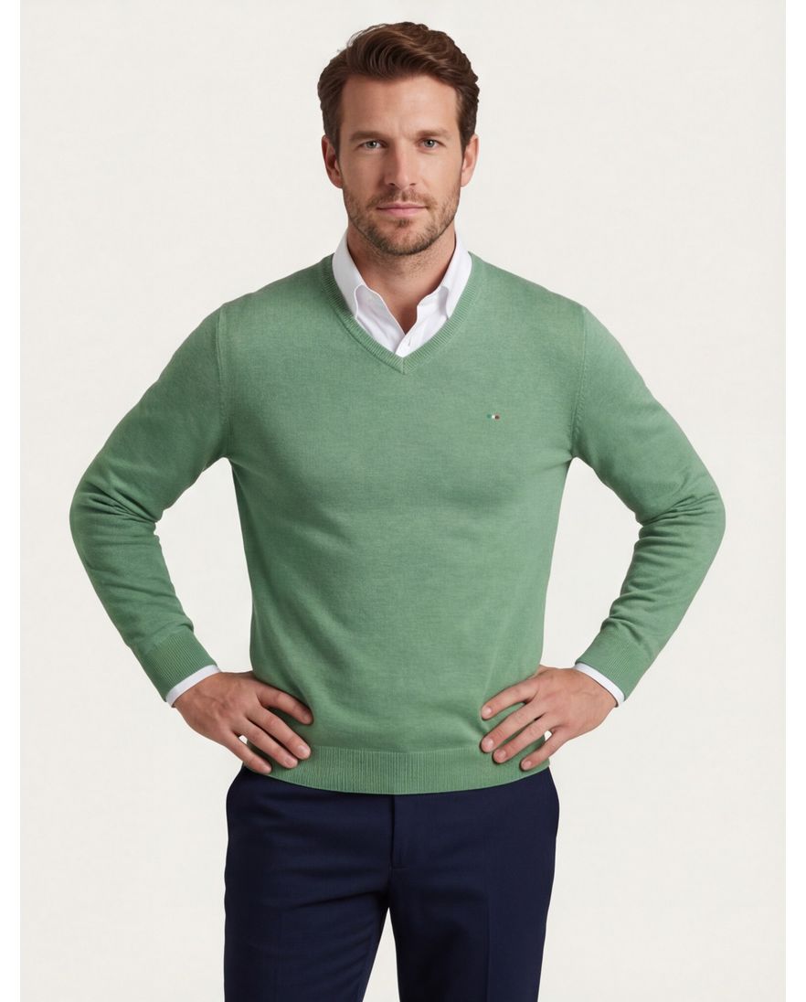Portofino effen groen katoen normale fit v-hals