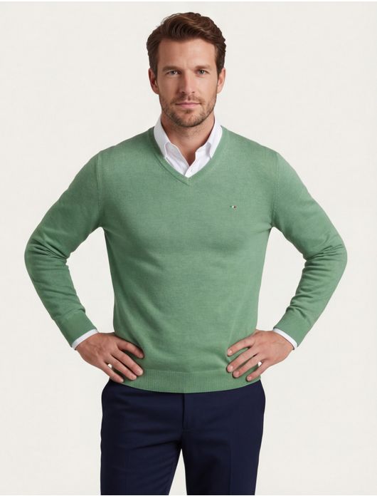 Portofino Vince V-neck Pullover Flat Knit Groen