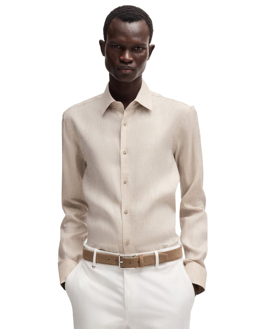 BOSS overhemd beige Slim Fit semi-wide collar