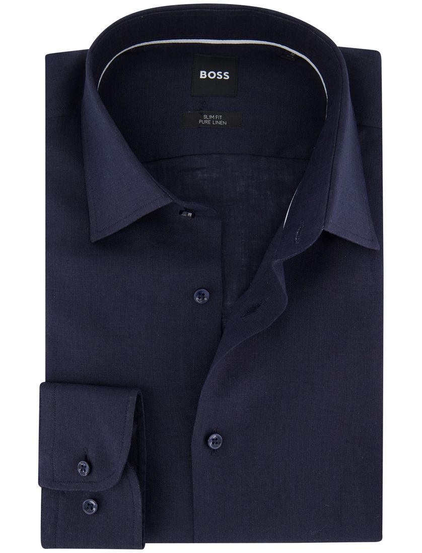 Boss Black H-Hank overhemd mouwlengte 7 donkerblauw linnen