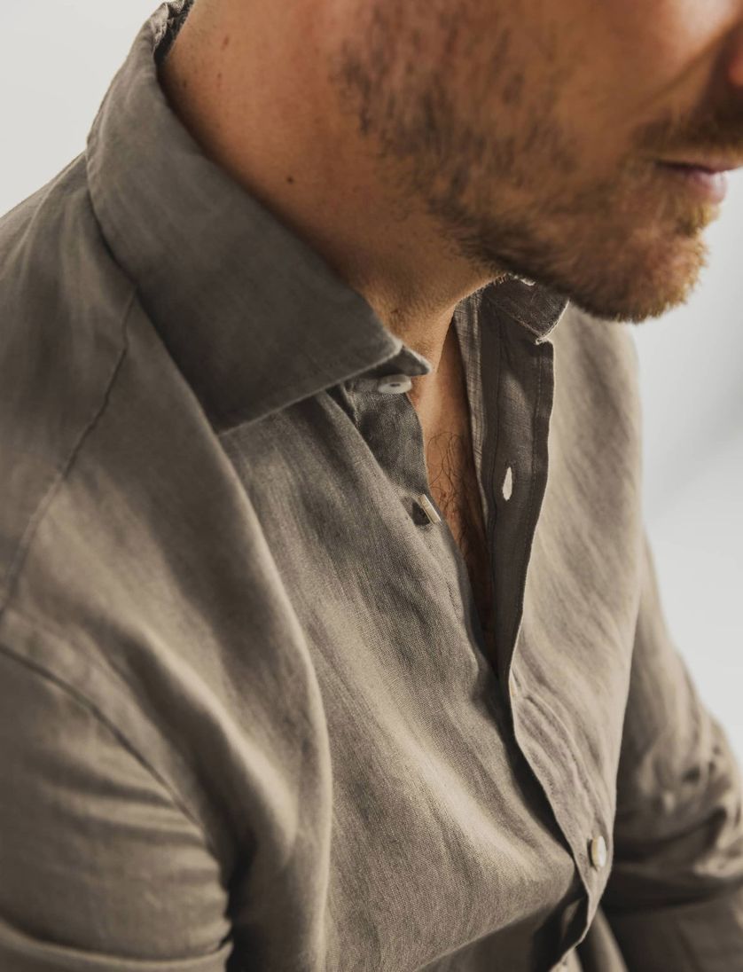 State of Art overhemd bruin effen 100% linnen