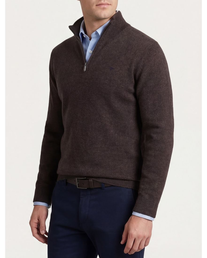 Flynch Hatton Trui Half zip bruin 100% lamswol