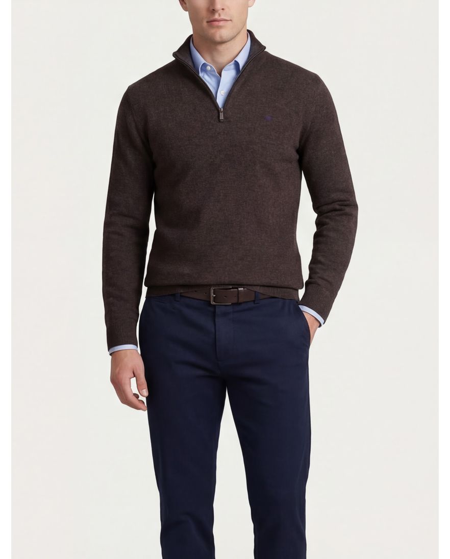 Flynch Hatton Trui Half zip bruin 100% lamswol