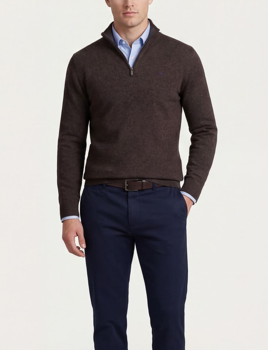 Flynch Hatton Trui Half zip bruin 100% lamswol