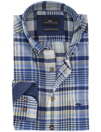 Fynch Hatton Fynch-Hatton overhemd ml 5 blauw geruit flanel met borstzak