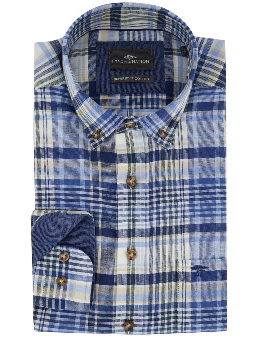 Fynch-Hatton overhemd ml 5 blauw geruit flanel