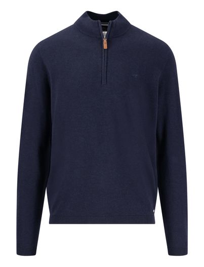 Fynch Hatton Fynch-Hatton trui half zip donkerblauw effen katoen