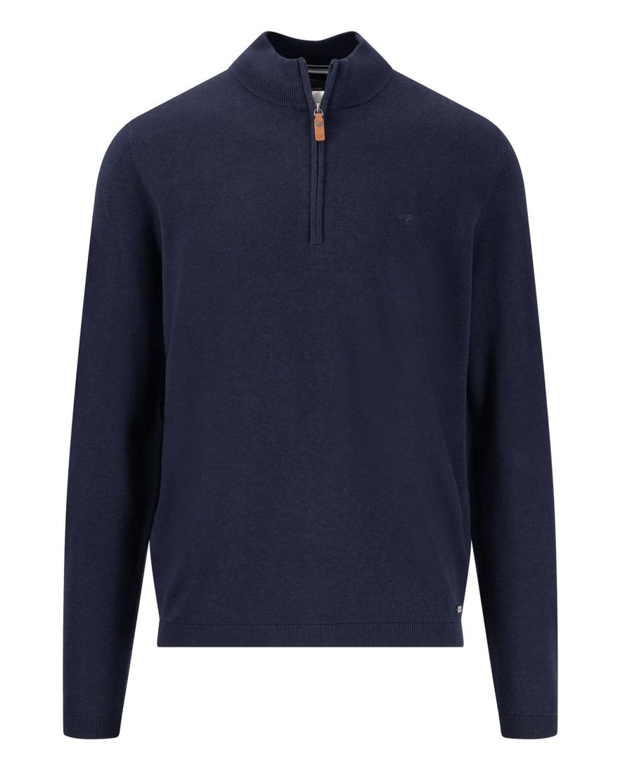 Fynch-Hatton trui half zip donkerblauw effen katoen