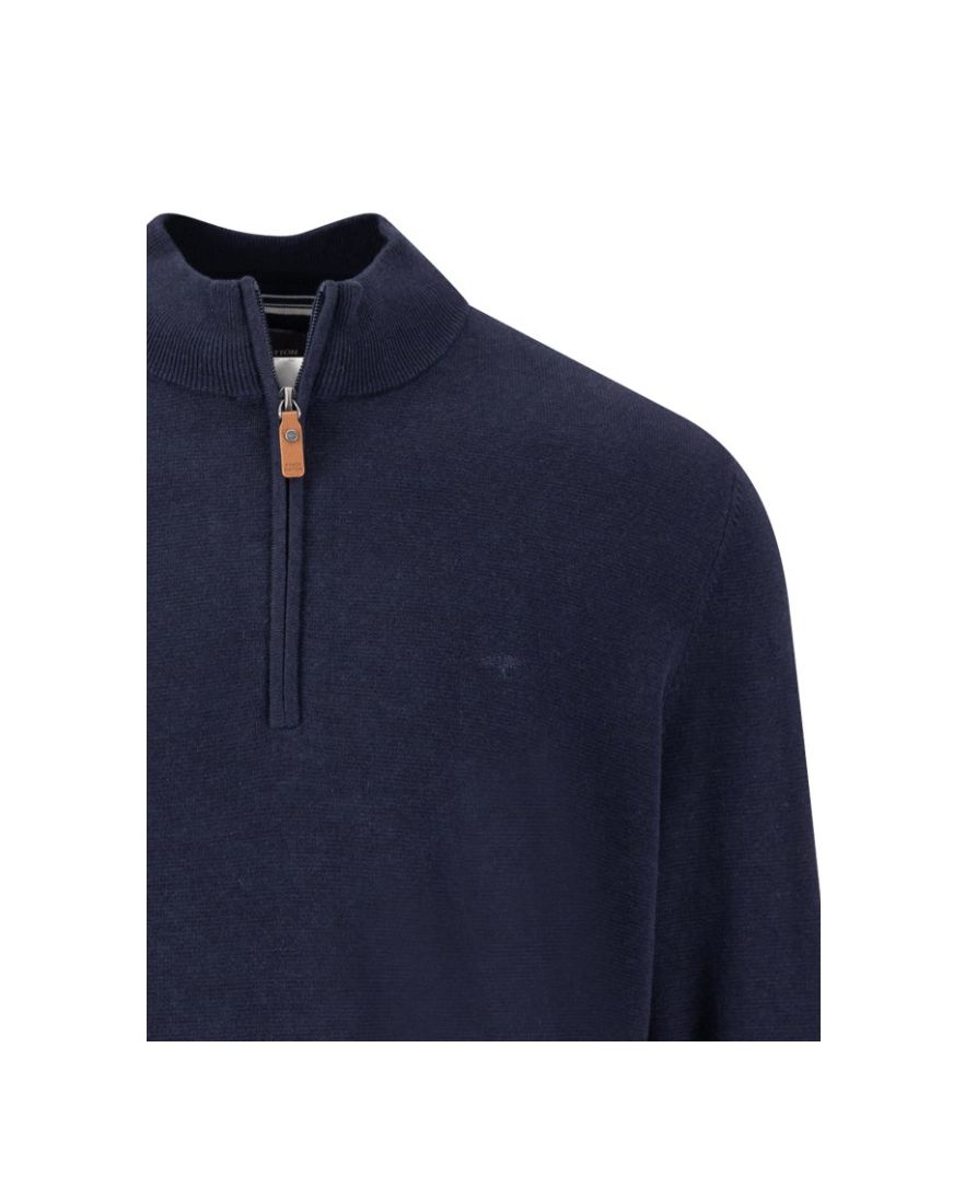 Fynch-Hatton trui half zip donkerblauw effen katoen