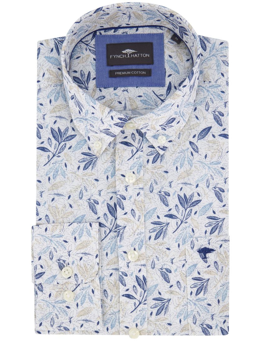Fynch Hatton overhemd blauw beige geprint katoen met button down boord