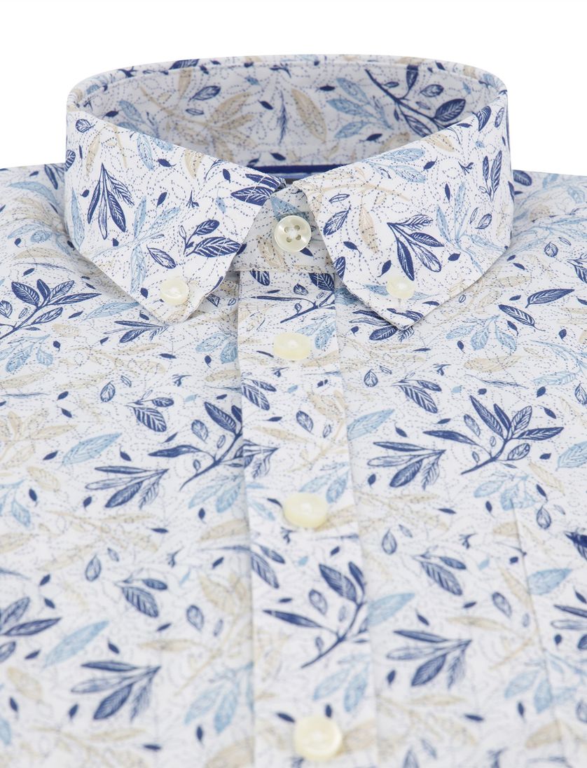 Fynch Hatton overhemd blauw beige geprint katoen met button down boord