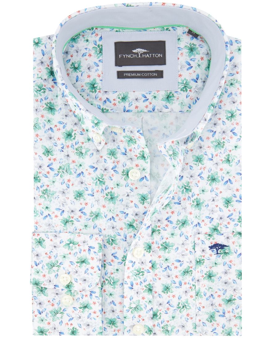 Fynch Hatton overhemd wit geprint bloemen borstzak