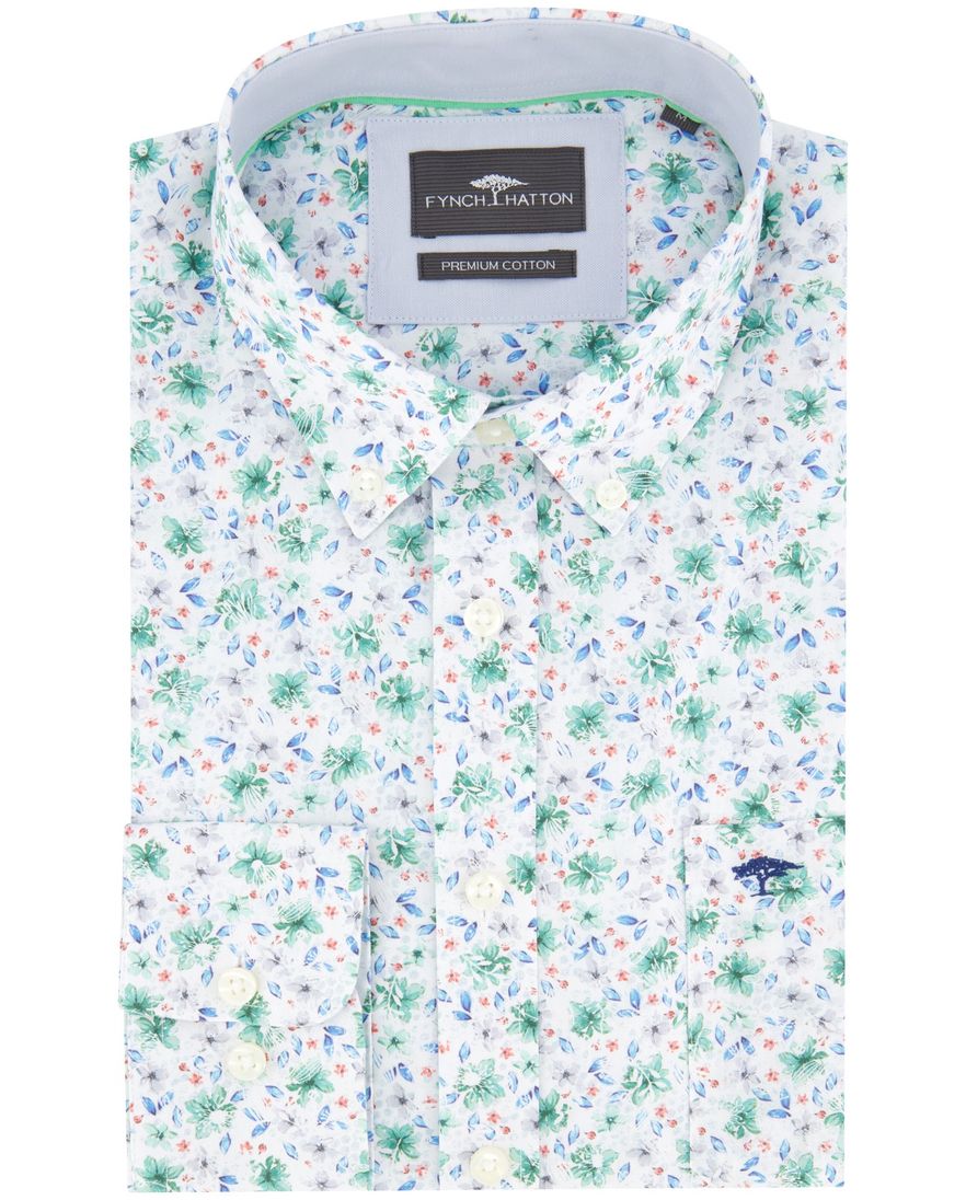 Fynch Hatton overhemd wit geprint bloemen borstzak
