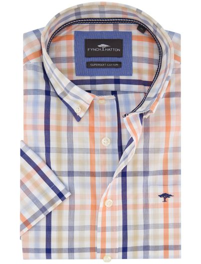 Fynch Hatton Fynch Hatton korte mouw overhemd oranje borstzak