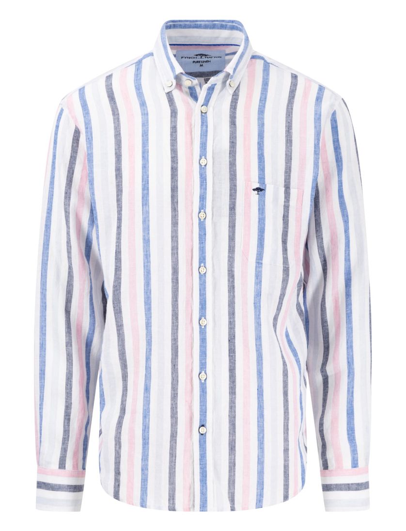 linnen Fynch-Hatton overhemd blauw gestreept met borstzak