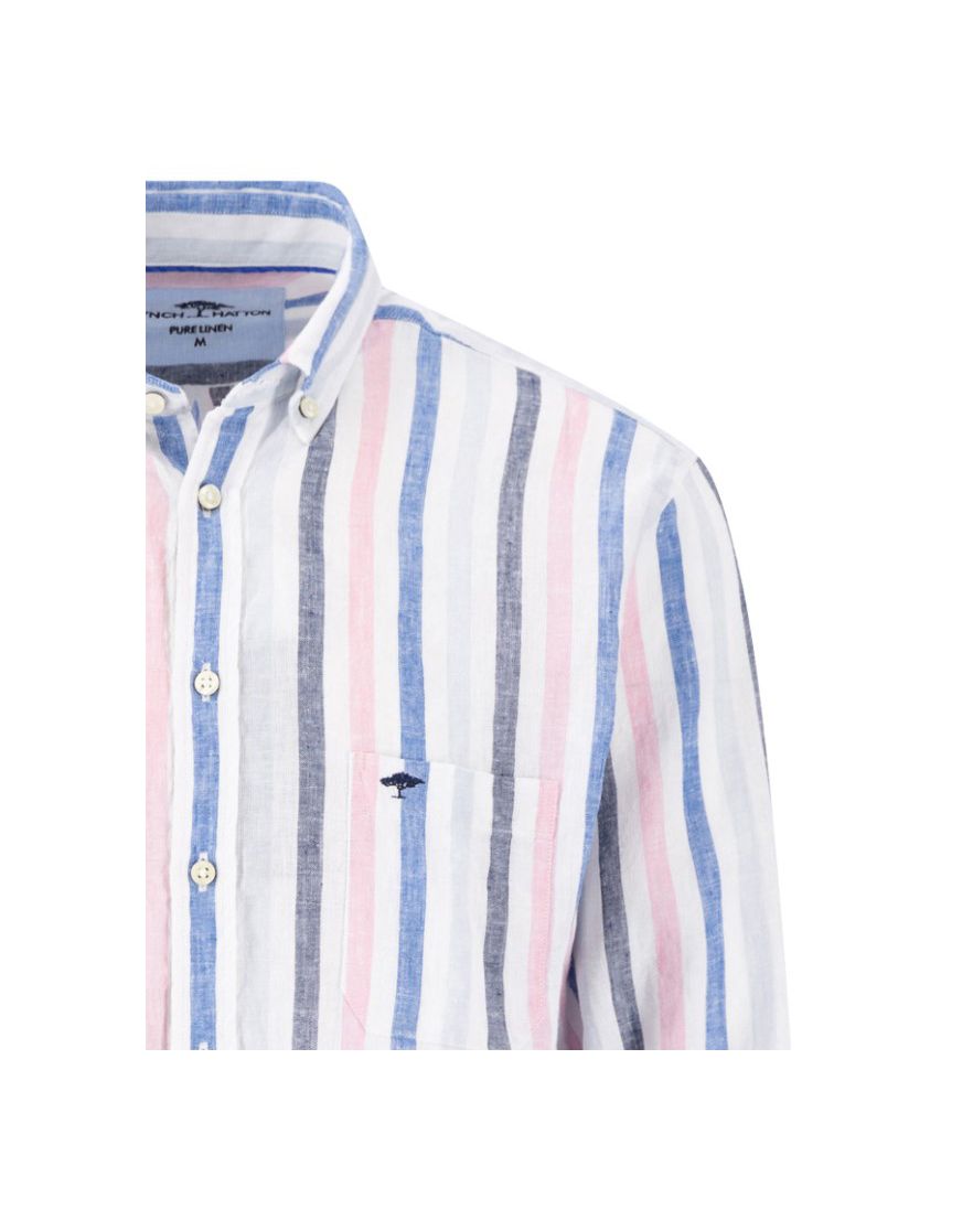 Fynch-Hatton overhemd blauw gestreept met borstzak linnen