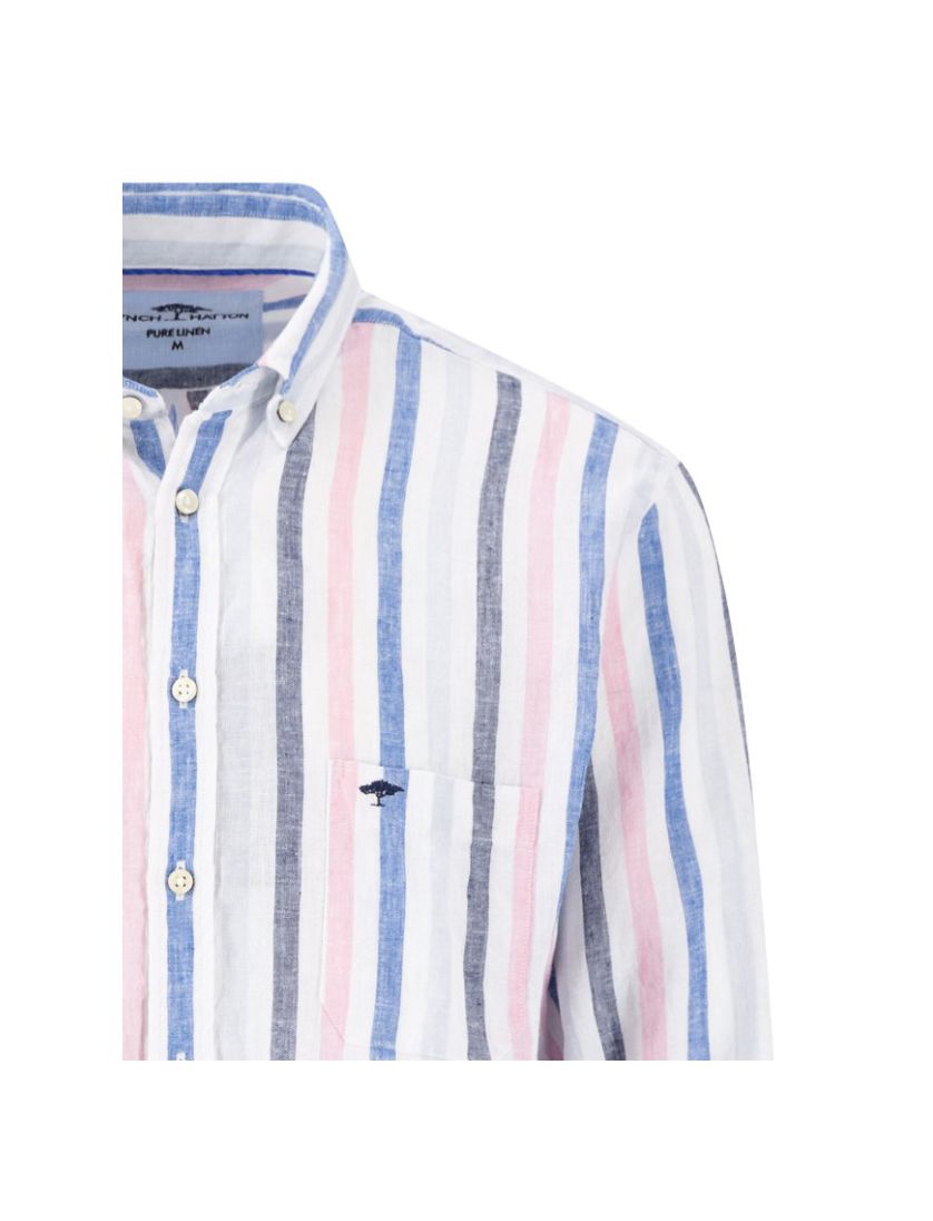 linnen Fynch-Hatton overhemd blauw gestreept met borstzak