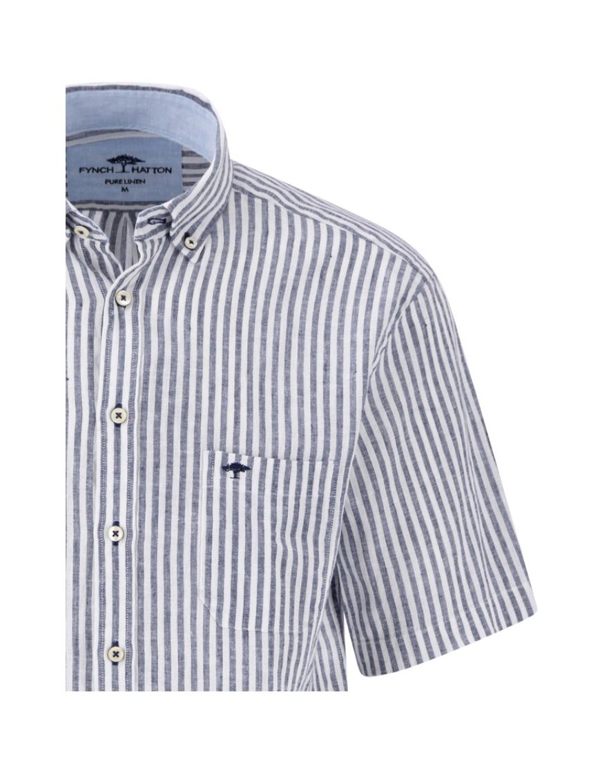 Fynch-Hatton overhemd donkerblauw gestreept linnen