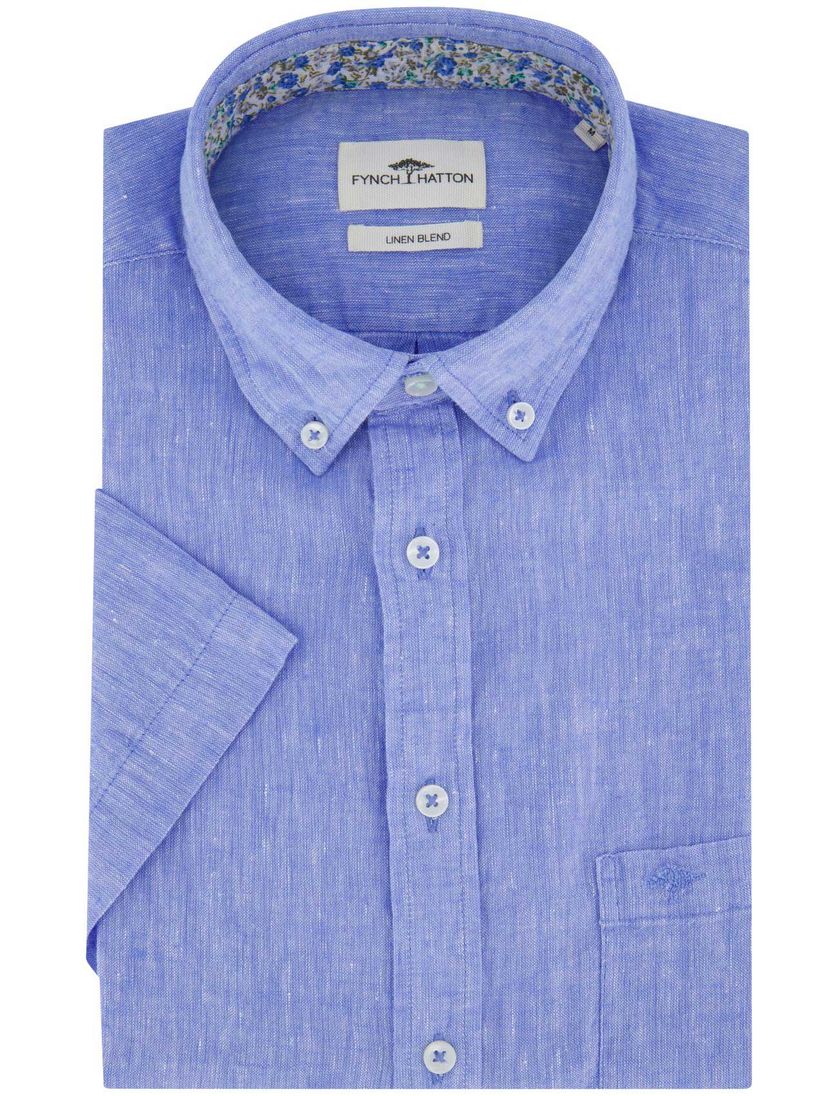 Fynch Hatton korte mouw linnen overhemd blauw gemeleerd
