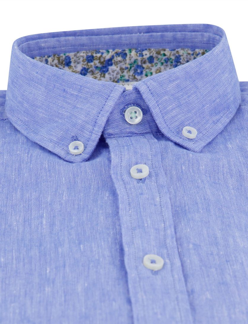 Fynch Hatton korte mouw linnen overhemd blauw gemeleerd