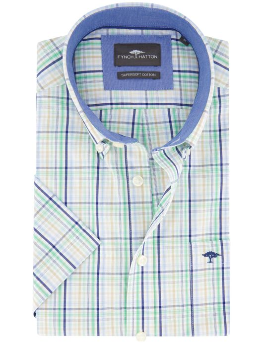 Fynch Hatton overhemd korte mouw groen blauw