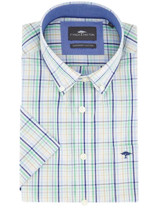 Fynch Hatton overhemd korte mouw groen blauw