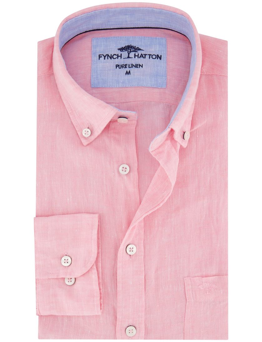 Overhemd Fynch Hatton roze linnen borstzak