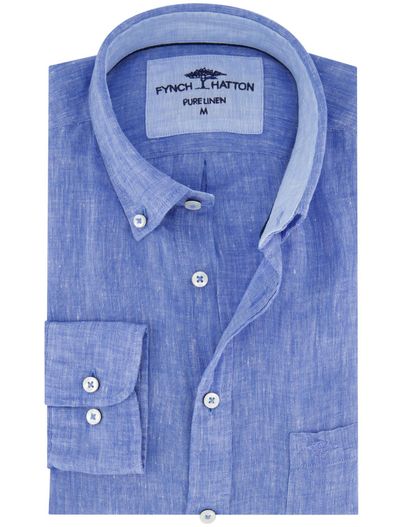 Fynch Hatton Fynch Hatton linnen overhemd middenblauw borstzak