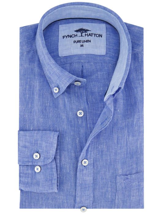 Fynch Hatton linnen overhemd middenblauw