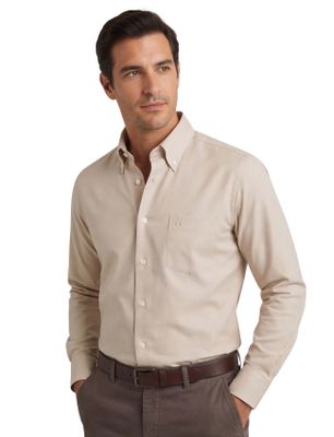 Ledub katoenen Ledub overhemd effen beige normale fit