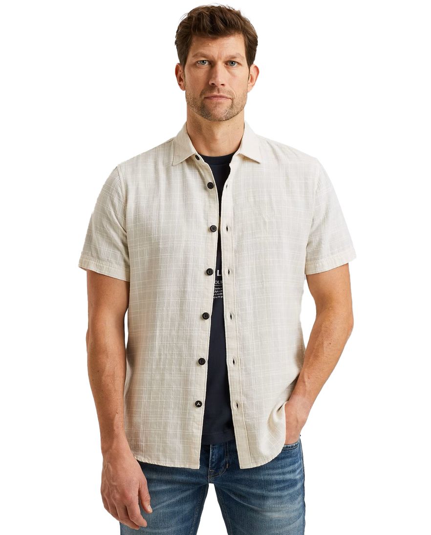 PME Legend geruit overhemd korte mouw creme katoen