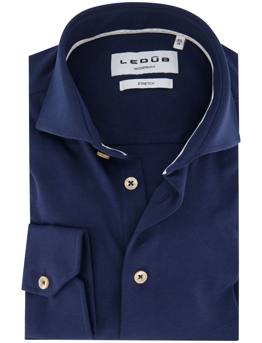 katoenen Ledub mouwlengte 7 overhemd effen donkerblauw