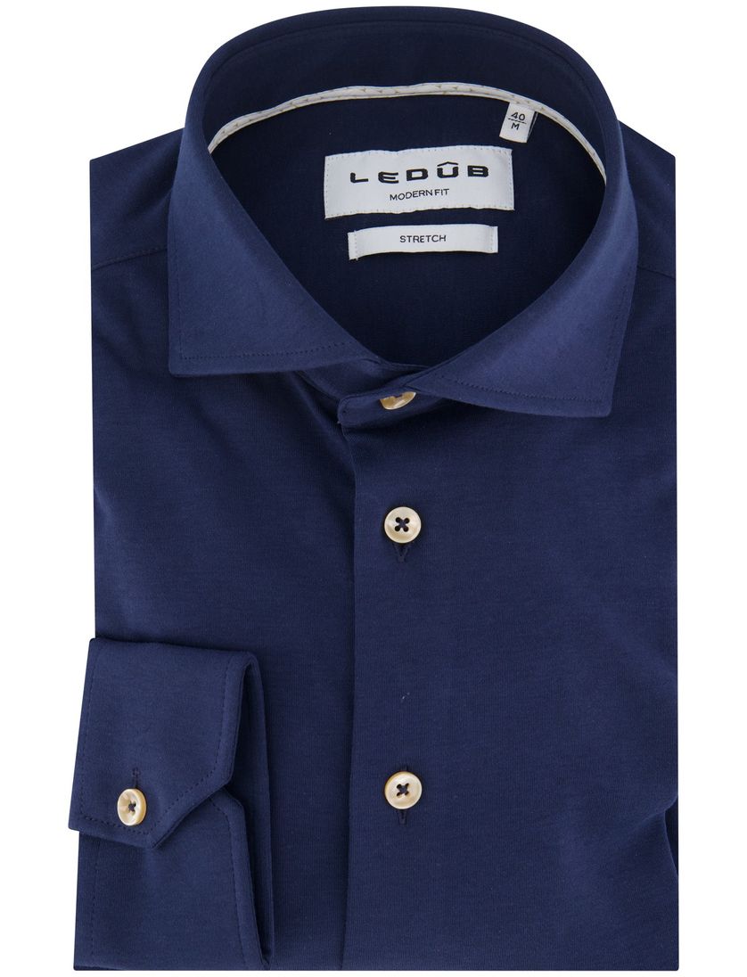 katoenen Ledub mouwlengte 7 overhemd effen donkerblauw