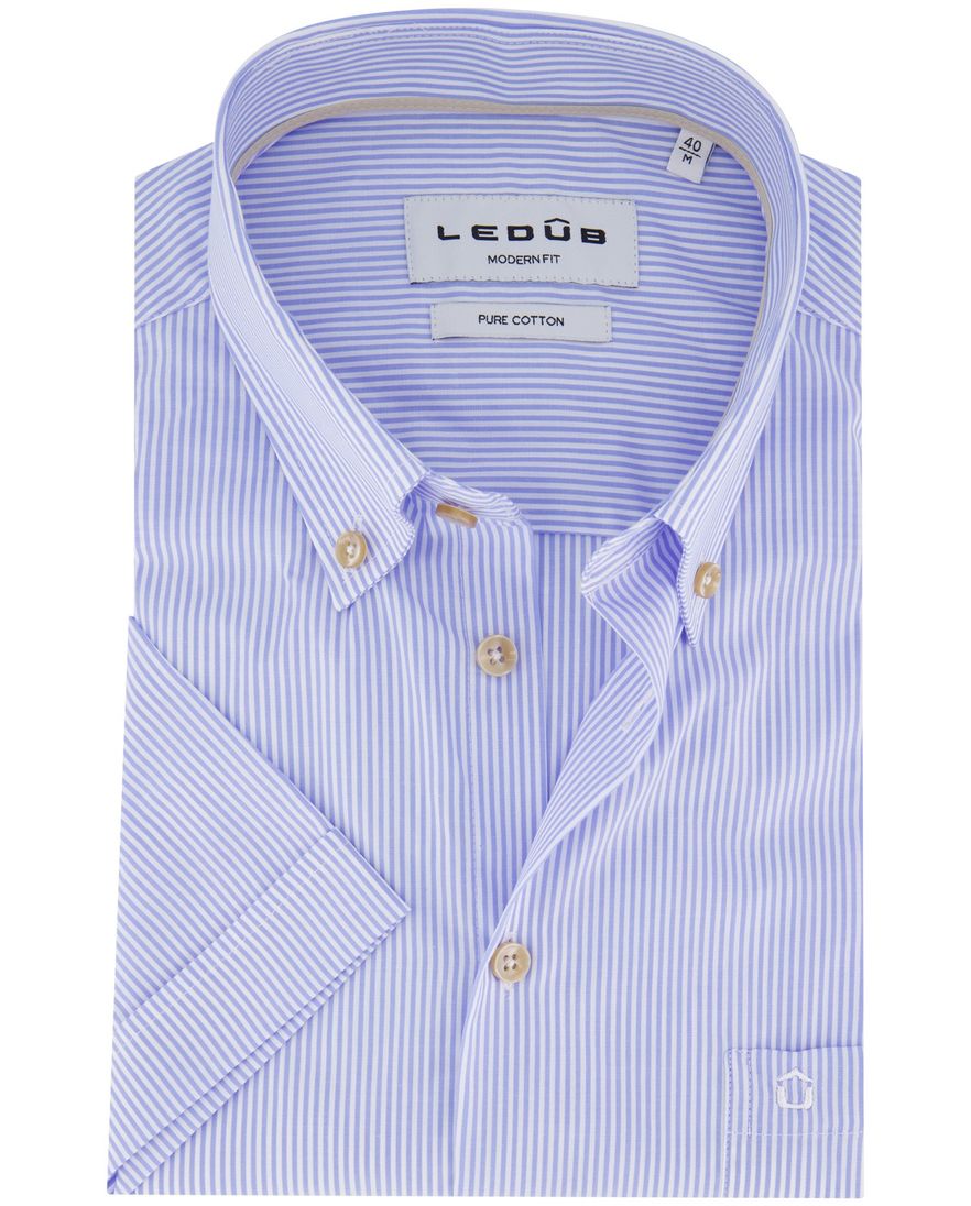 Ledub overhemd korte mouw lichtblauw gestreept normale fit