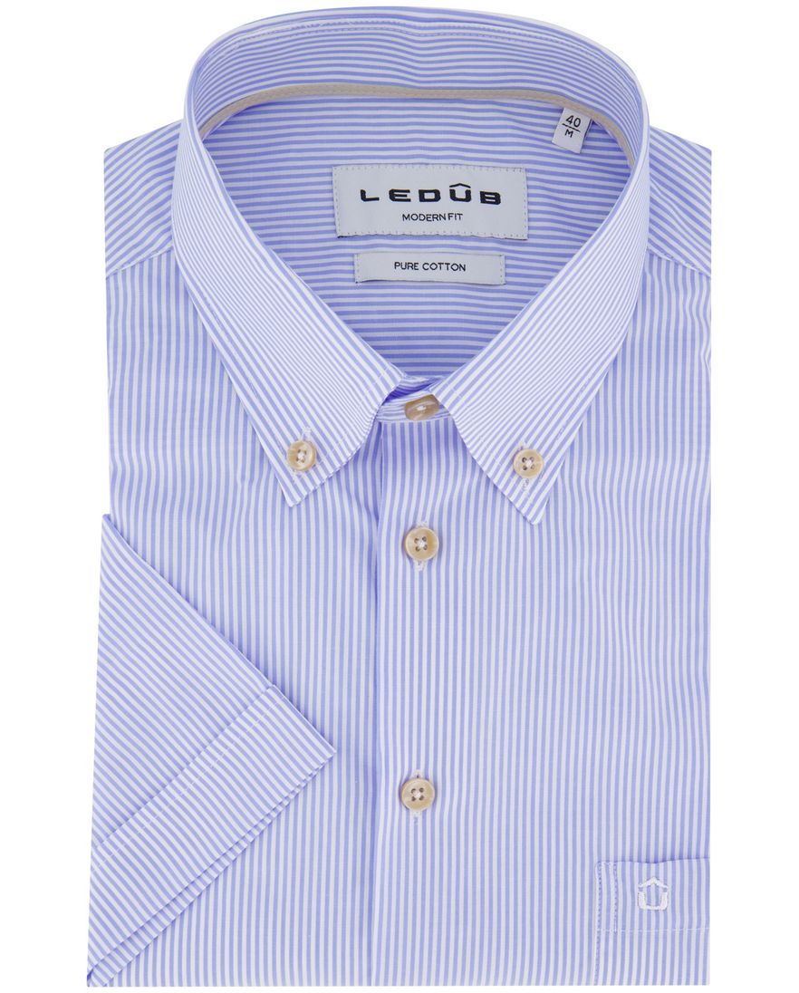 Ledub overhemd korte mouw lichtblauw gestreept normale fit