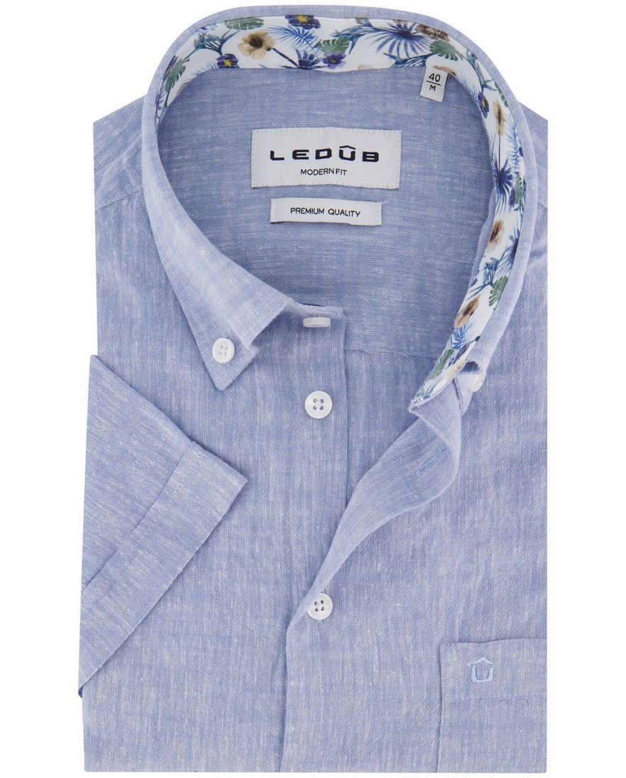Ledub korte mouw overhemd gemeleerd blauw normale fit
