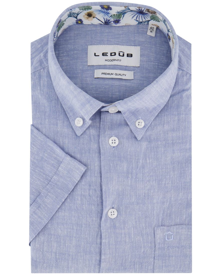 Ledub korte mouw overhemd gemeleerd blauw normale fit