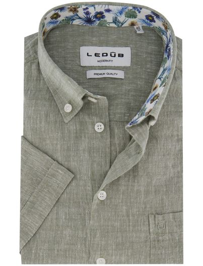 Ledub Ledub overhemd korte mouw groen gemeleerd katoen normale fit