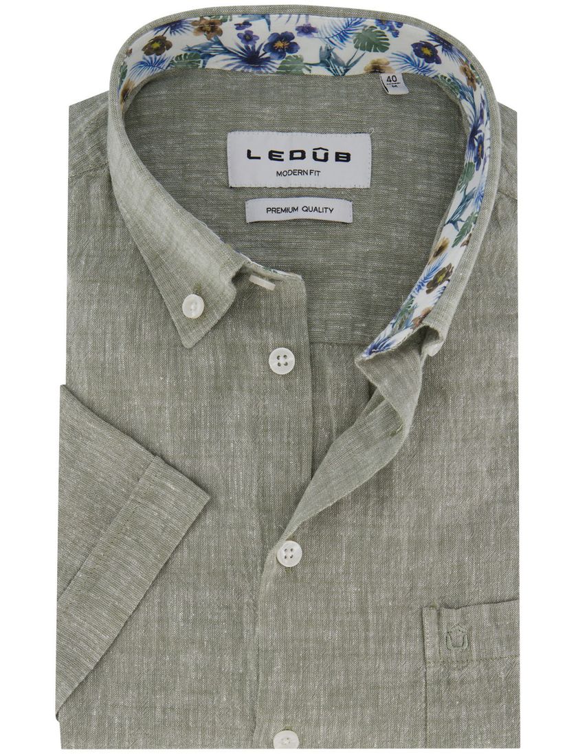 Ledub overhemd korte mouw groen gemeleerd normale fit