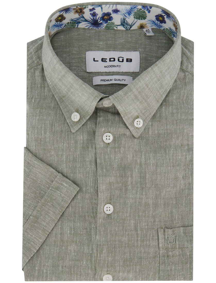 Ledub overhemd korte mouw groen gemeleerd normale fit