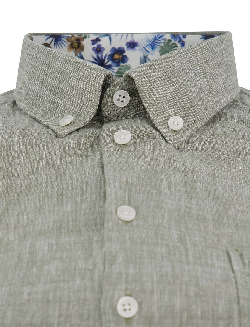 Ledub overhemd korte mouw groen gemeleerd normale fit