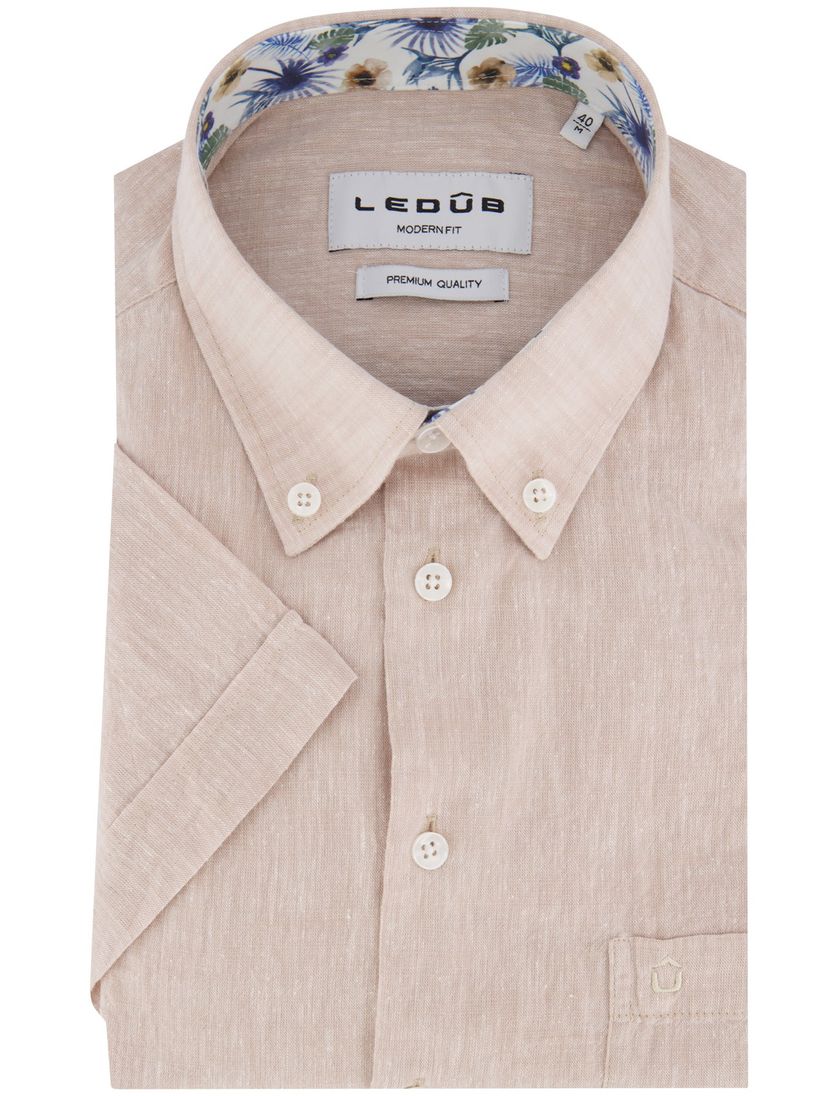katoenen Ledub korte mouw overhemd lichtbruin gemeleerd