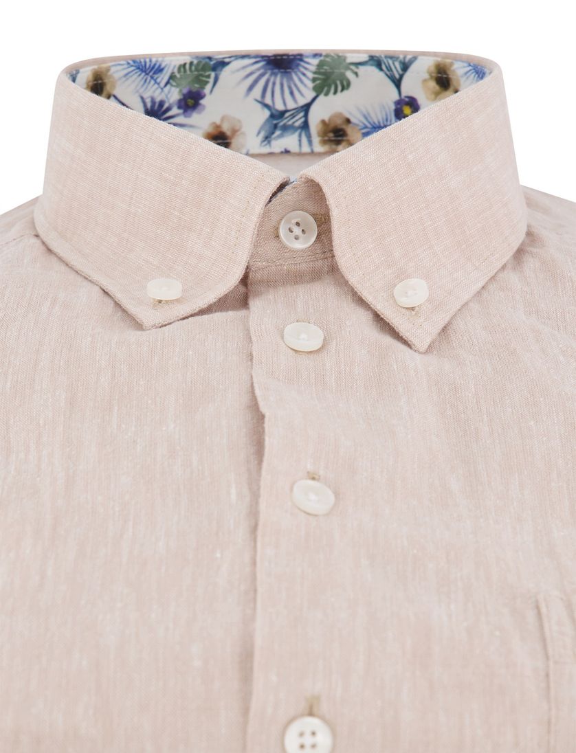 katoenen Ledub korte mouw overhemd lichtbruin gemeleerd