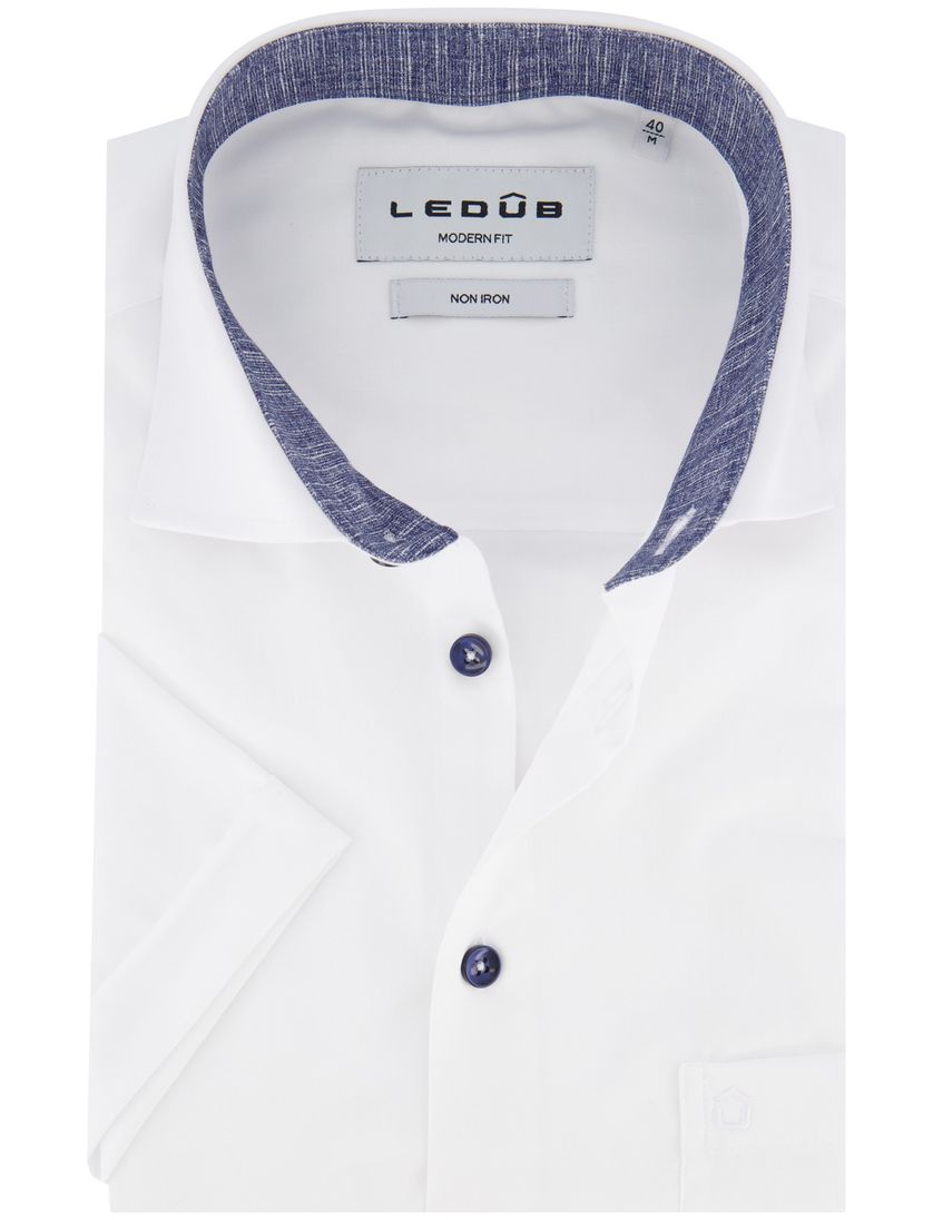 katoenen Ledub korte mouw overhemd wit effen strijkvrij