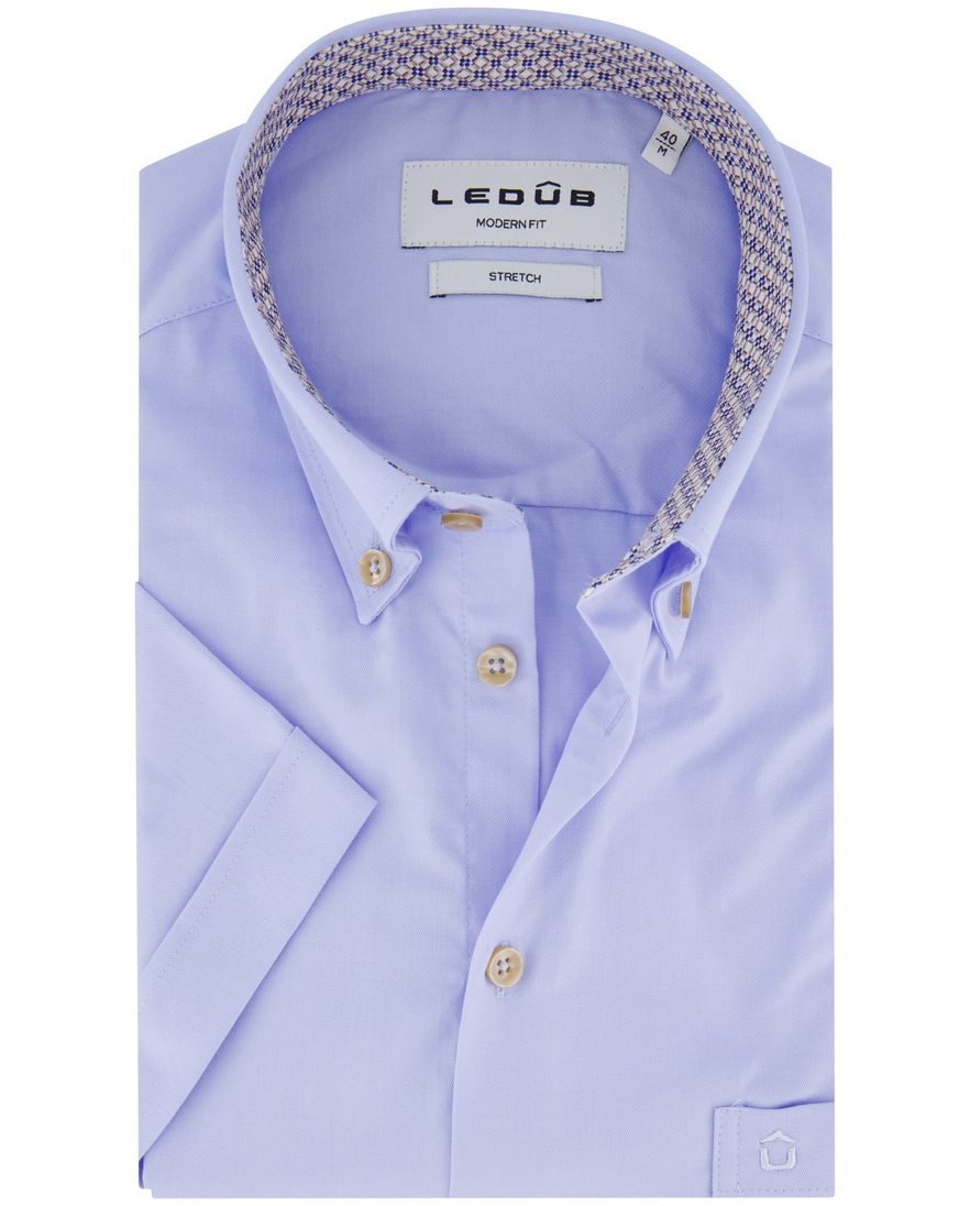 Ledub overhemd korte mouw blauw stretch katoen normale fit