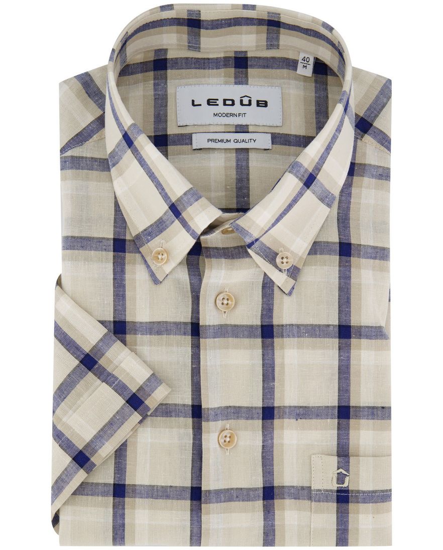 Ledub overhemd korte mouw beige geruit linnen normale fit