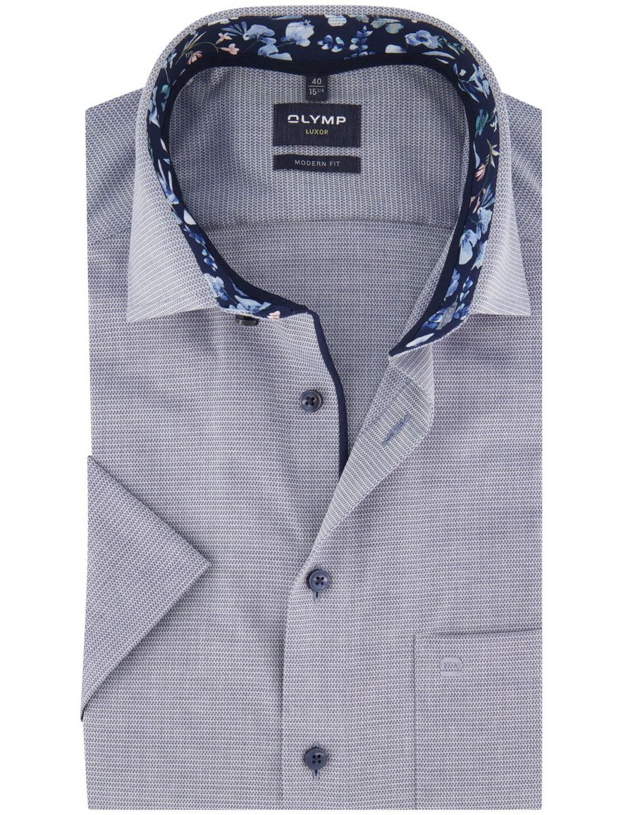 Olymp Modern Fit overhemd geprint blauw strijkvrij korte mouw